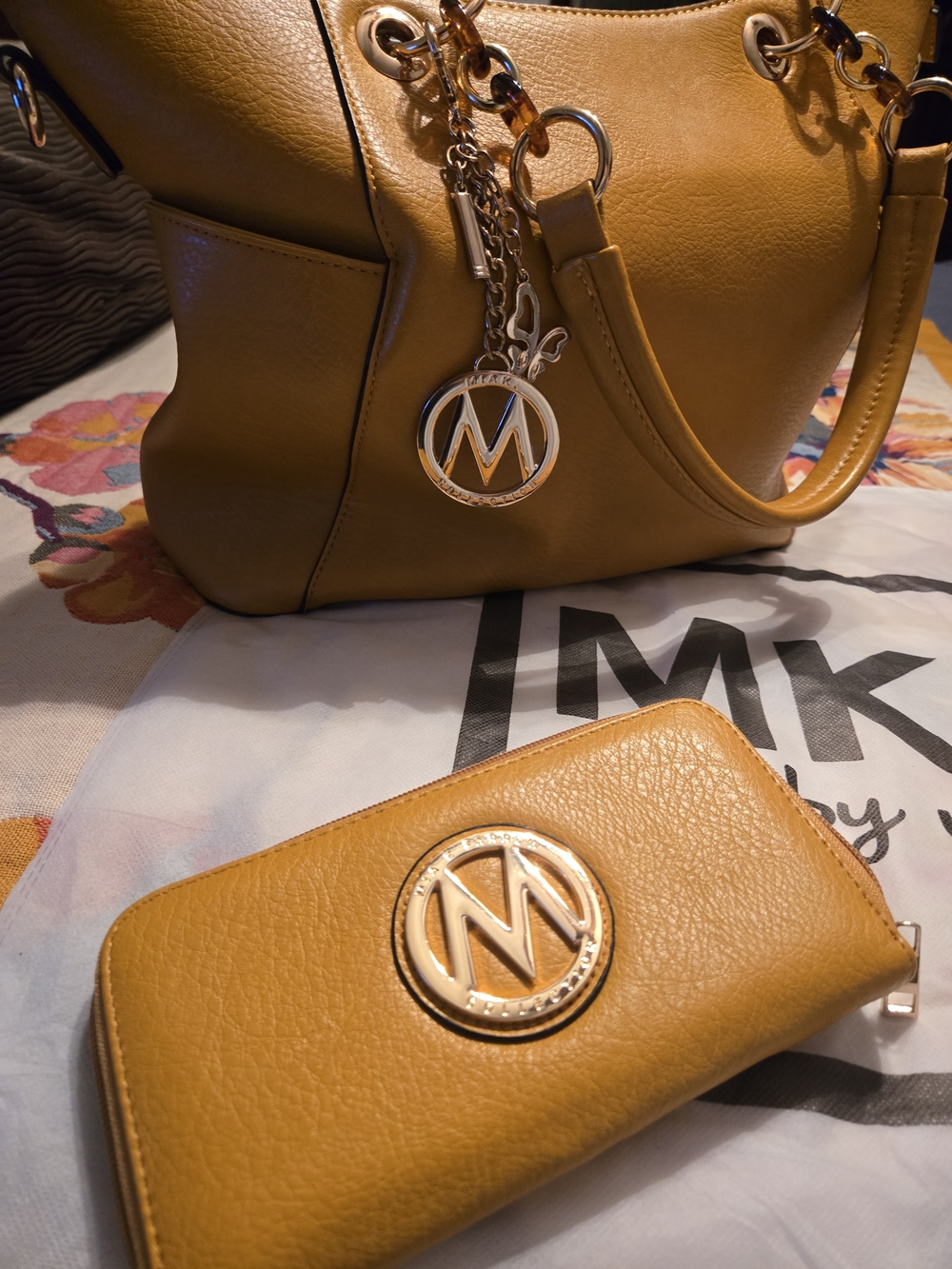 MKF Mia K -  Mustard Yellow Women's Tote, Key Chain, Dust Bag and Wallet Set